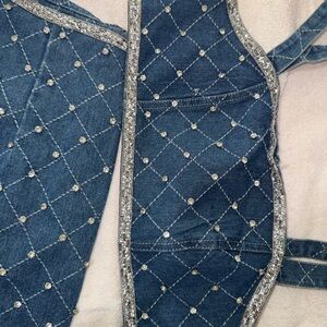 Blue Quilted Denim Bag with Silver Accents